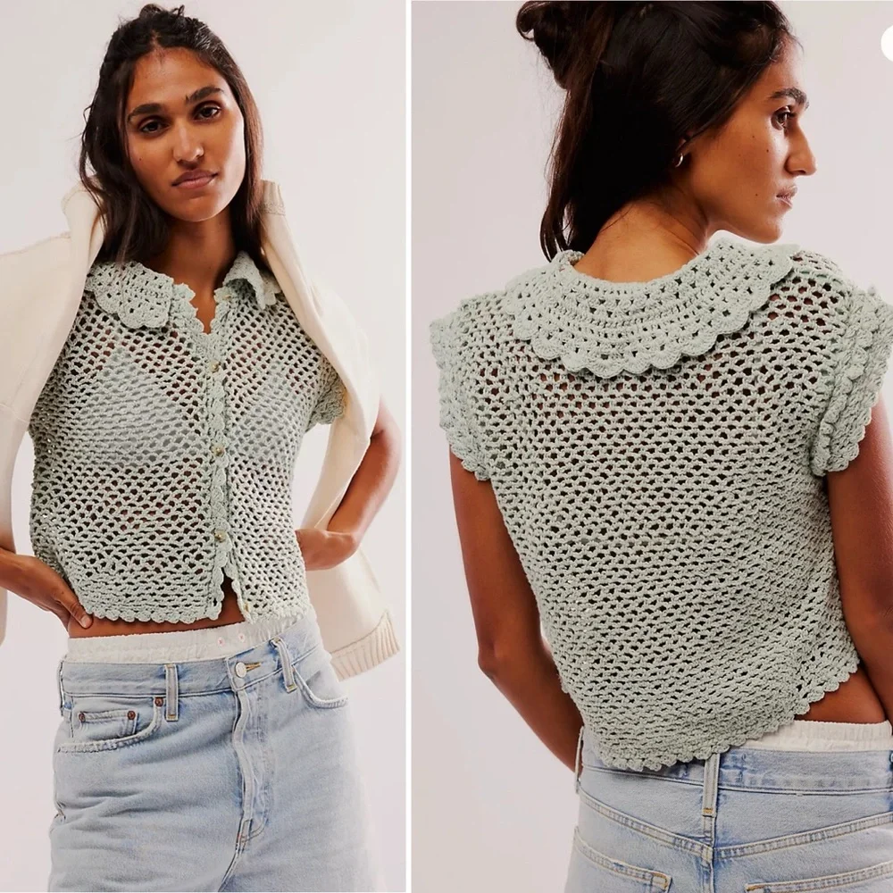 New Free People Lily Crochet Top in Green
